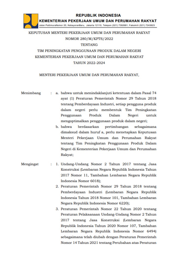 TIM PENINGKATAN PENGGUNAAN PRODUK DALAM NEGERI KEMENTERIAN PEKERJAAN UMUM DAN PERUMAHAN RAKYAT TAHUN 2022-2024